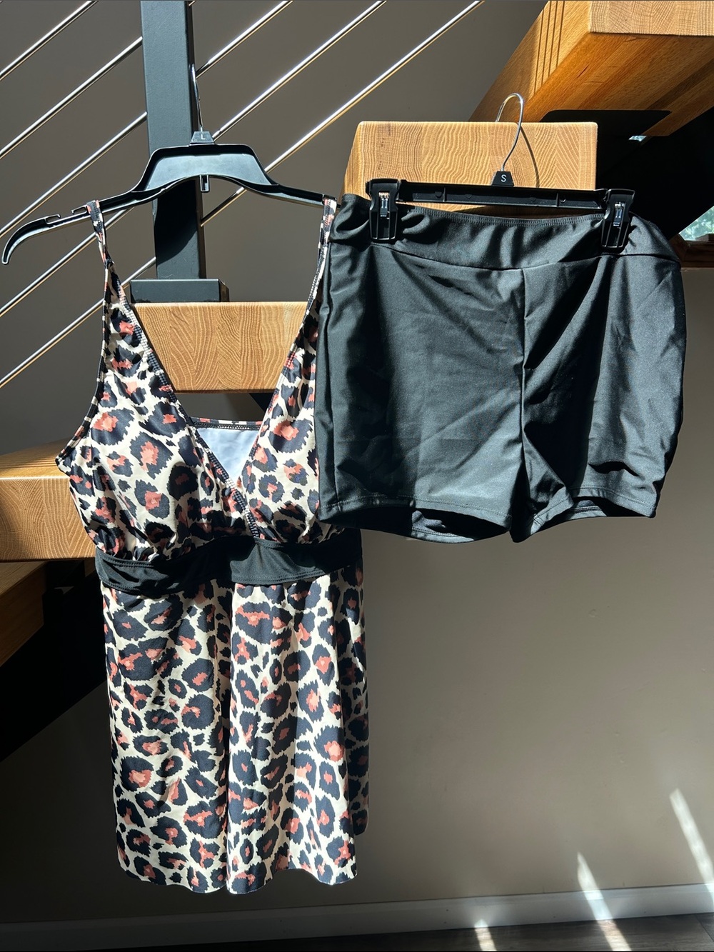 Leopard Print Tankini Swim Dress with Black Swim Shorts